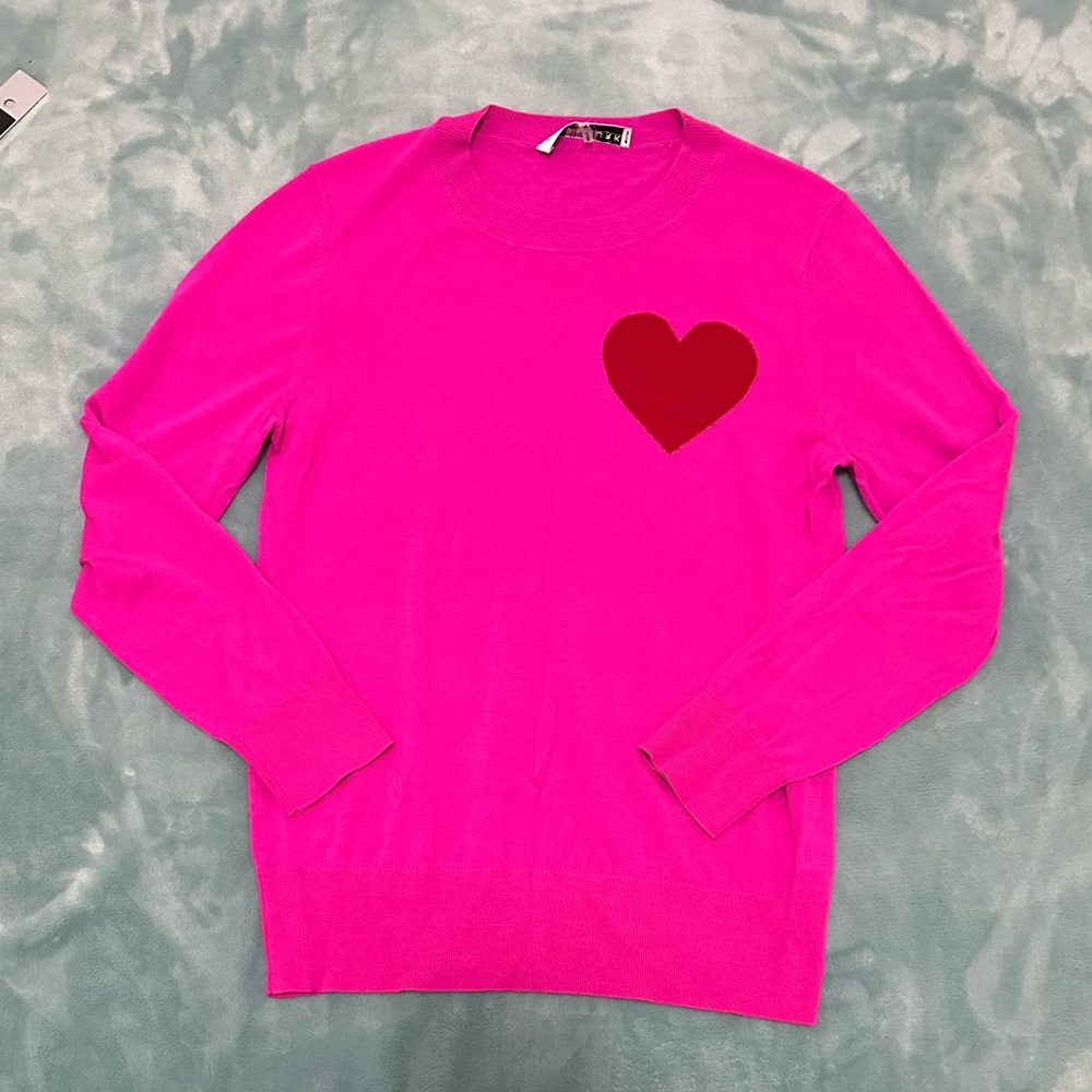Trina Turk Merino Wool Pink Sweater with Red Heart Detail